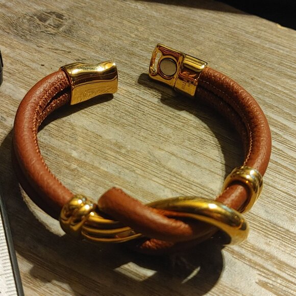 Bracelet Bellezza Italy Knot Brown Leather Gold Tone Magnetic Closure Stamped - Picture 5 of 11